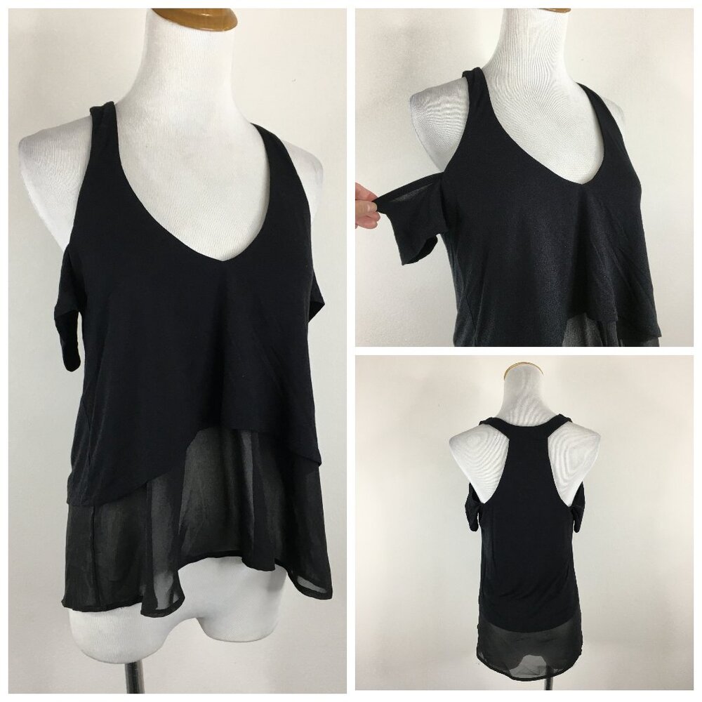BEBE Black Chiffon Overlay Hem Cut Cold Shoulder Short Sleeve V-Neck Top